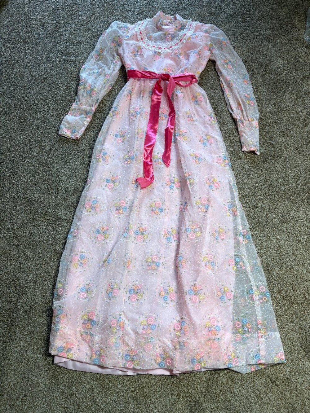 VTG. 1970's Pink Flocked Floral Maxi Boho Party Dress Handmade.